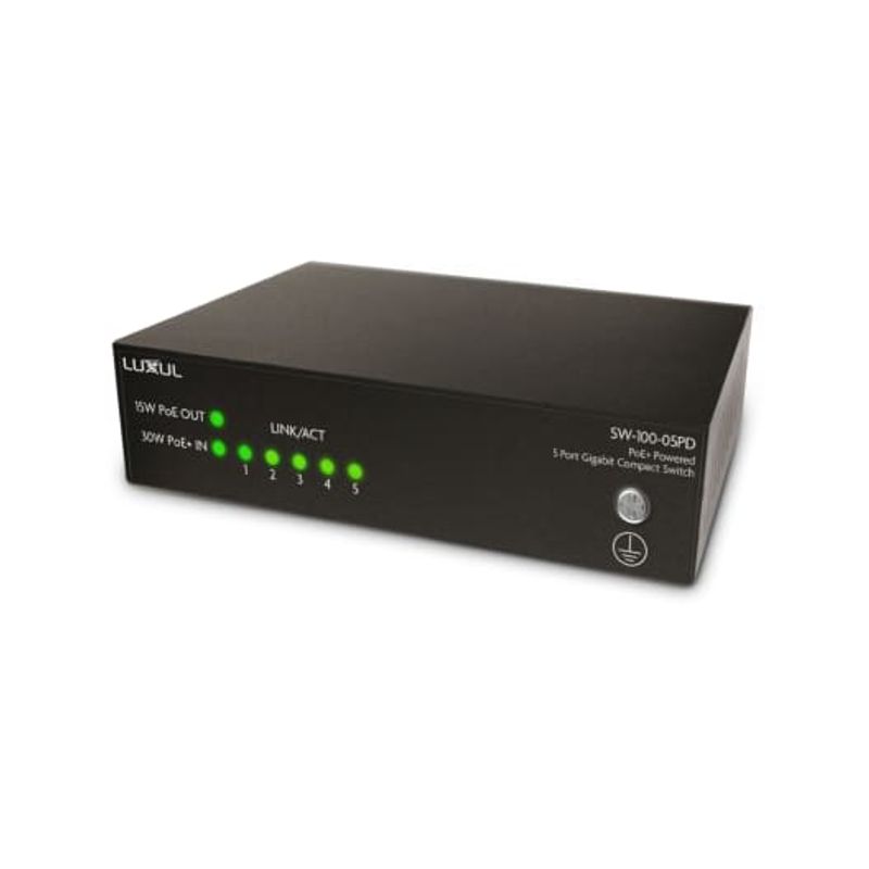SW-100-05PD 5-Port unmanaged PoE+ switch with PoE passthrough